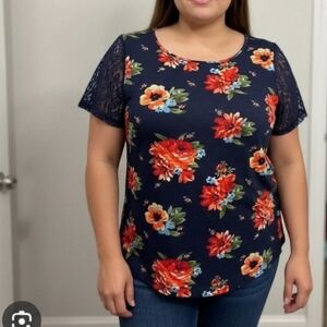 Loveappella Plus Size Blue & Red Floral Navy Atherton Lace Sleeve Top NWOT*